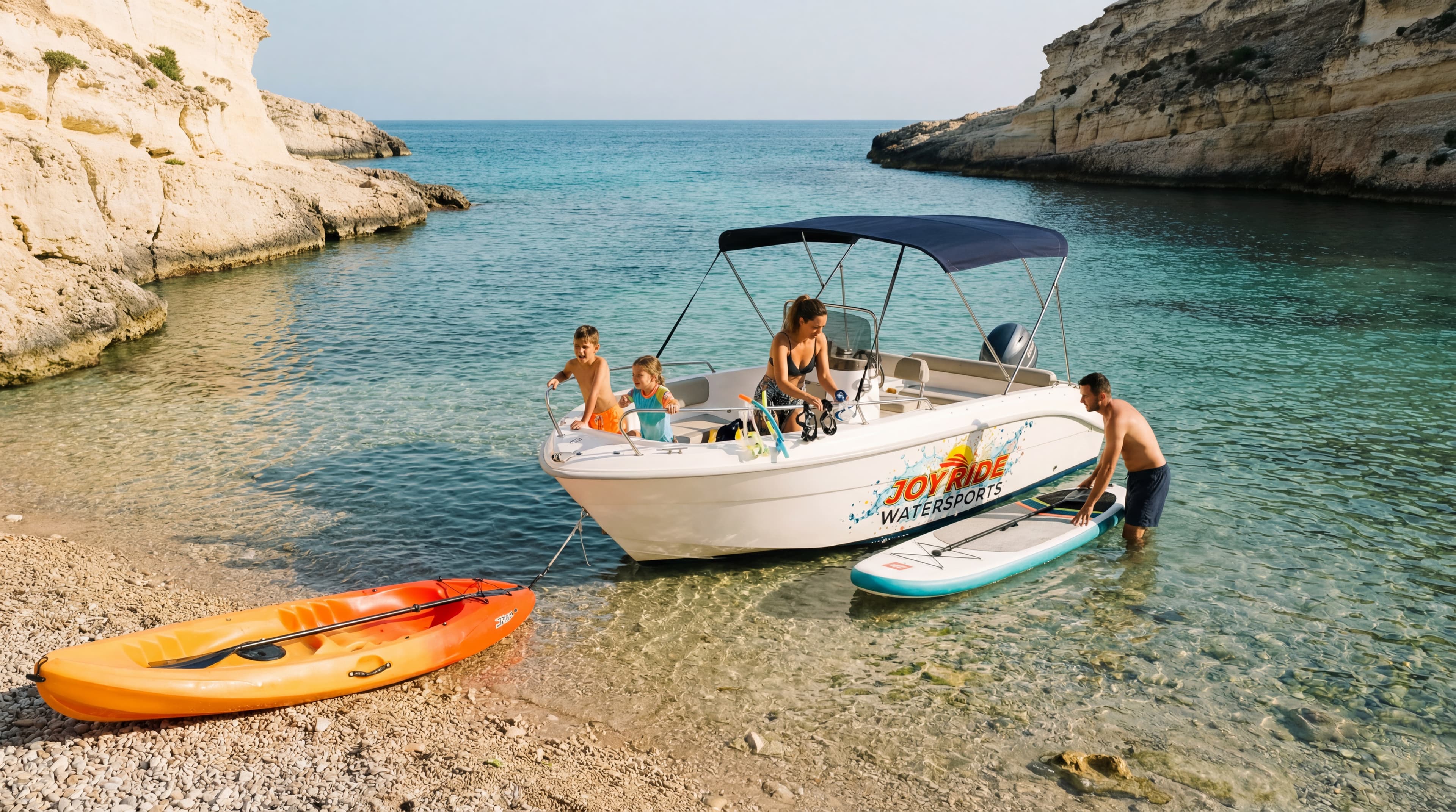 Kayaks and jet skis on the water near Comino caves
