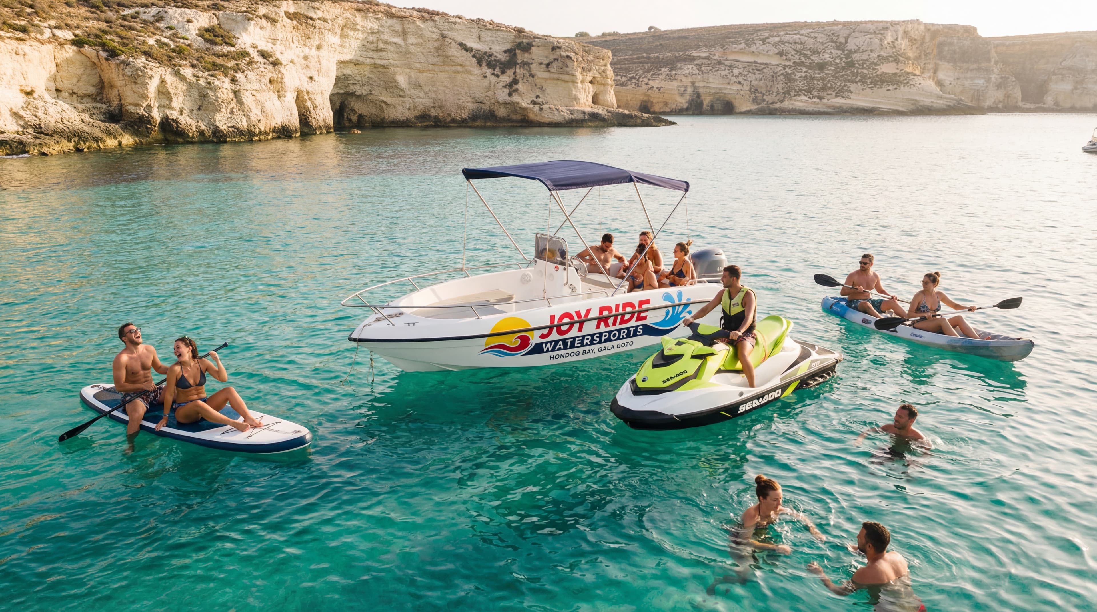 Friends on crazy sofa being towed at speed in Gozo