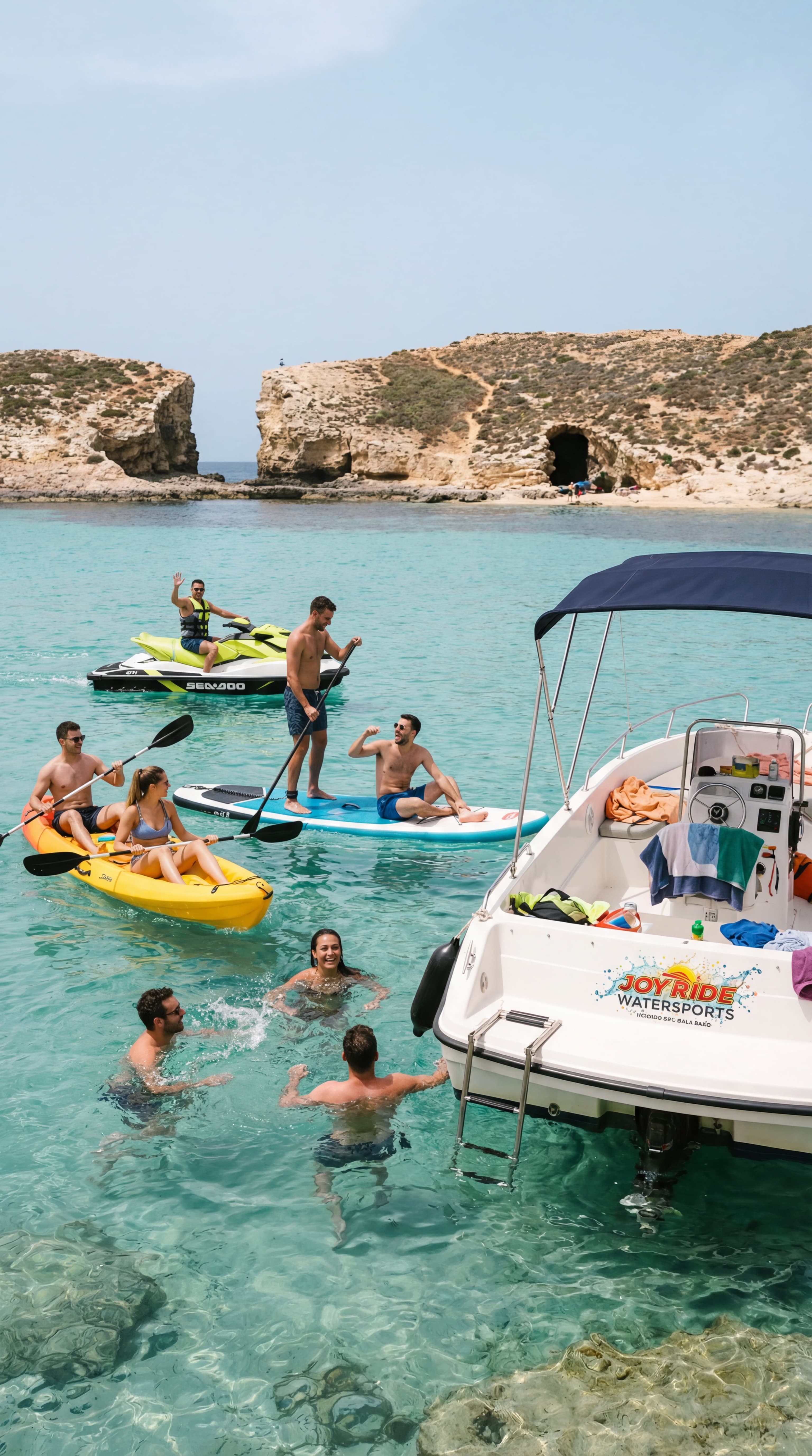 Friends on crazy sofa being towed at speed in Gozo