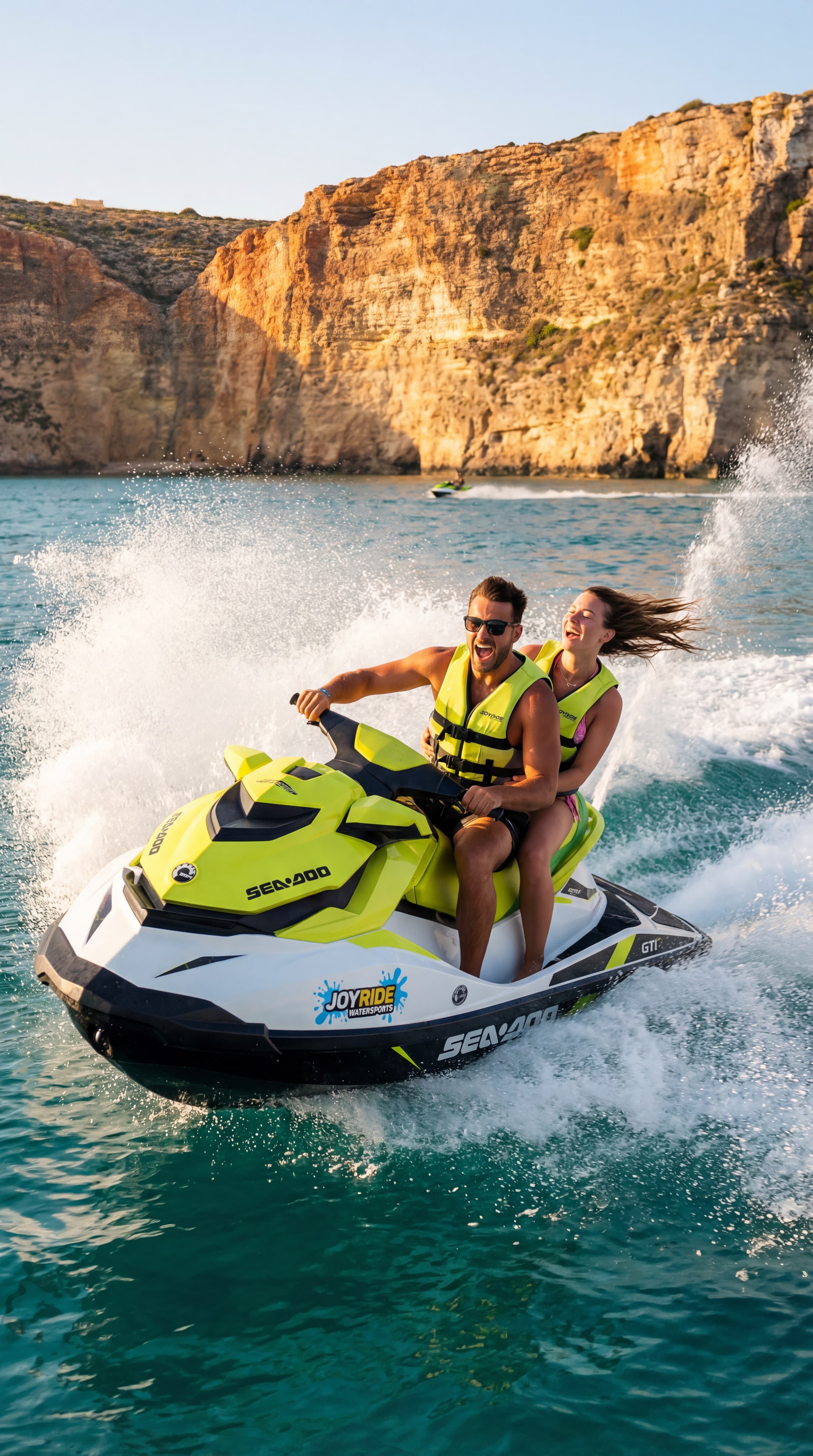 Solo jet ski rider between Comino sea cave walls