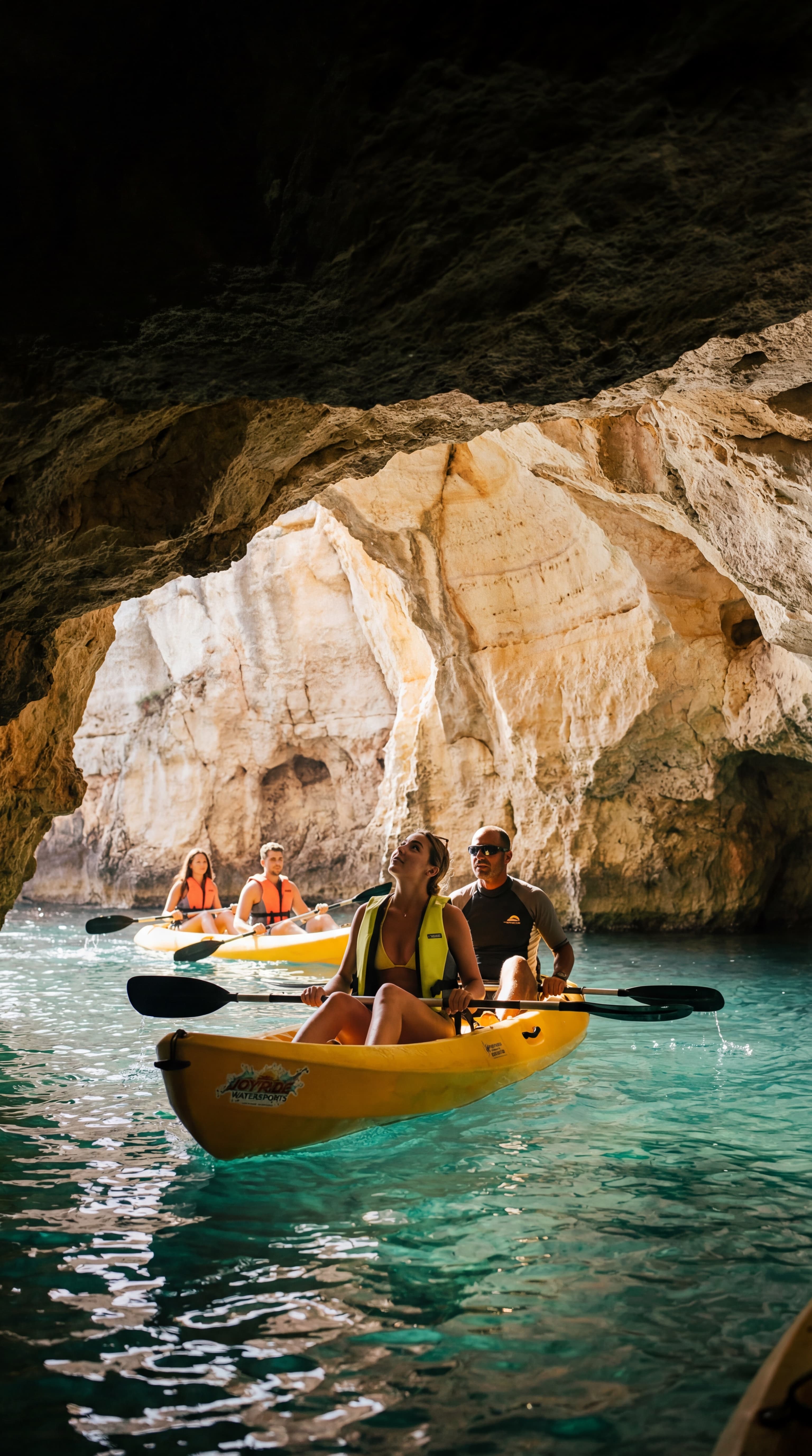 Kayakers inside Comino sea cave with turquoise glowing water