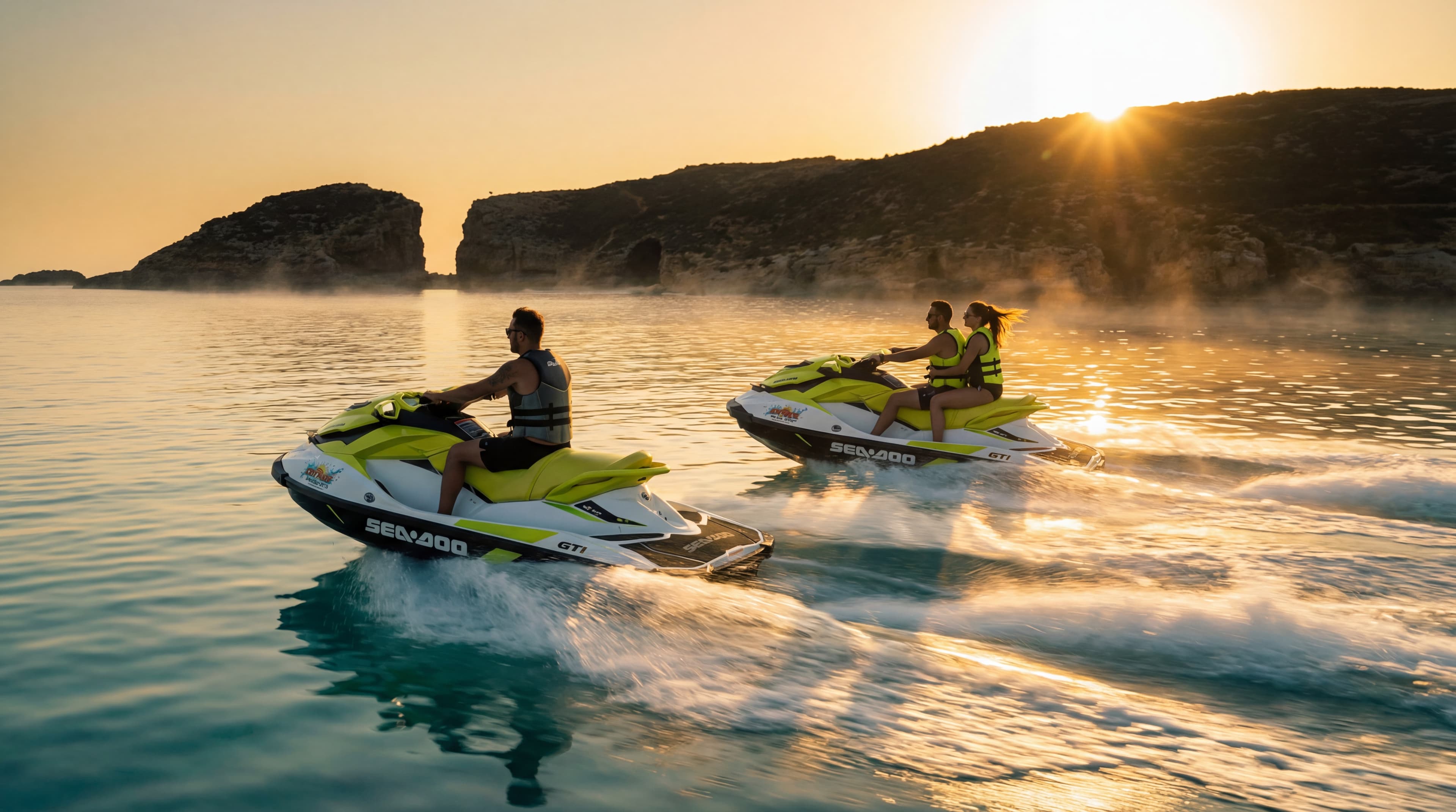 Two jet skis silhouetted against Comino sunrise on mirror-flat water