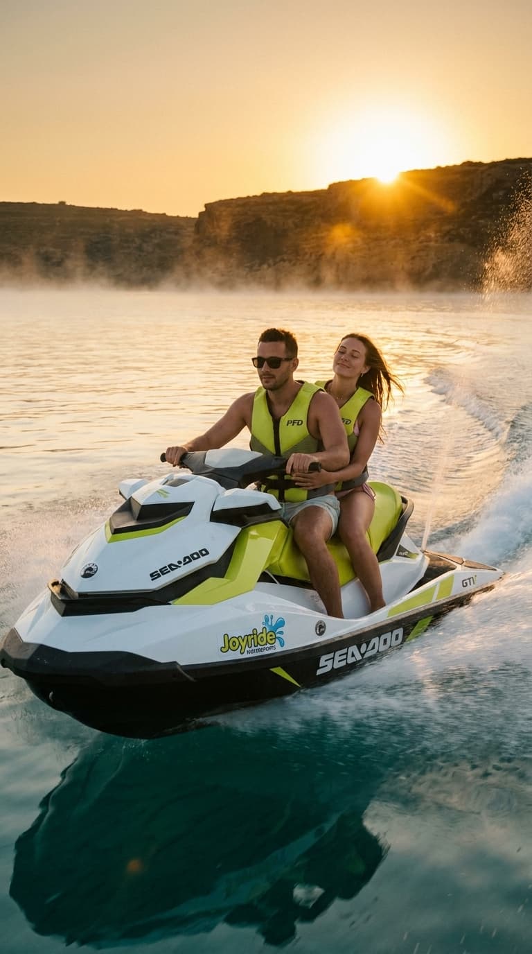 Two jet skis silhouetted against Comino sunrise on mirror-flat water
