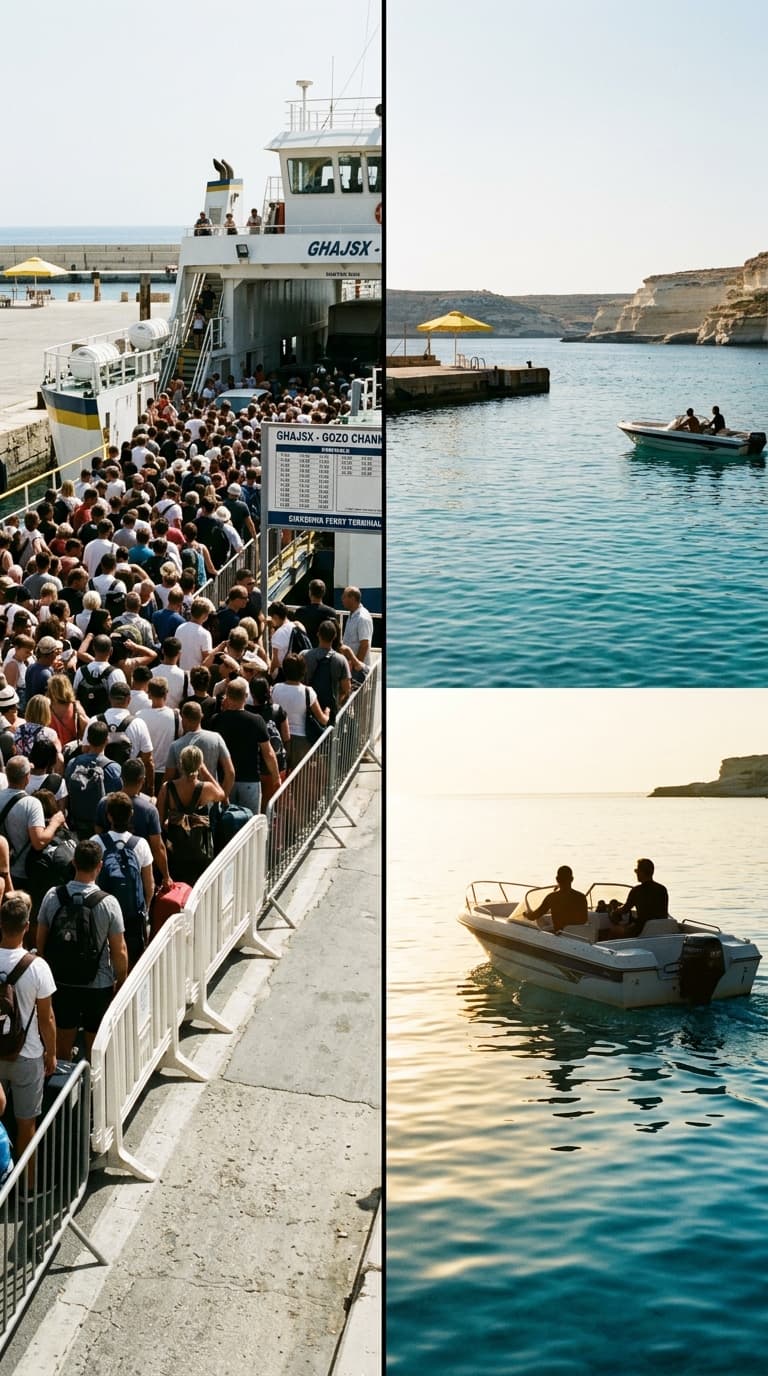 Crowded ferry terminal vs empty private boat
