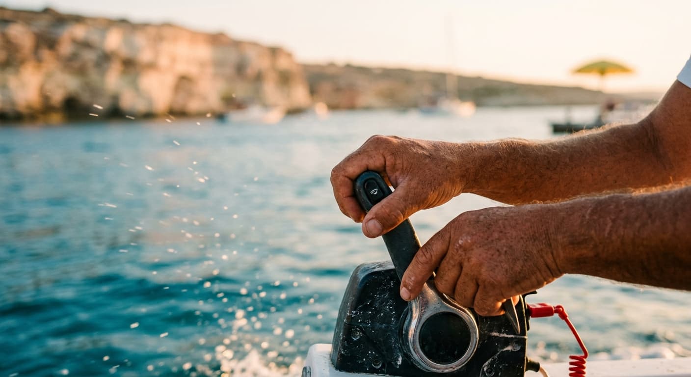 Hands gripping a marine throttle at golden hour